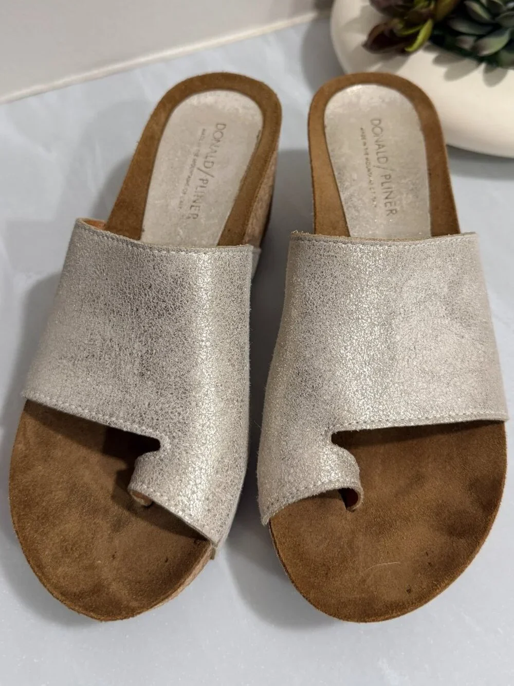 Metallic Wedge Slip on Sandal w/ asymmetrical toe loop stacked wedge heel 7.5